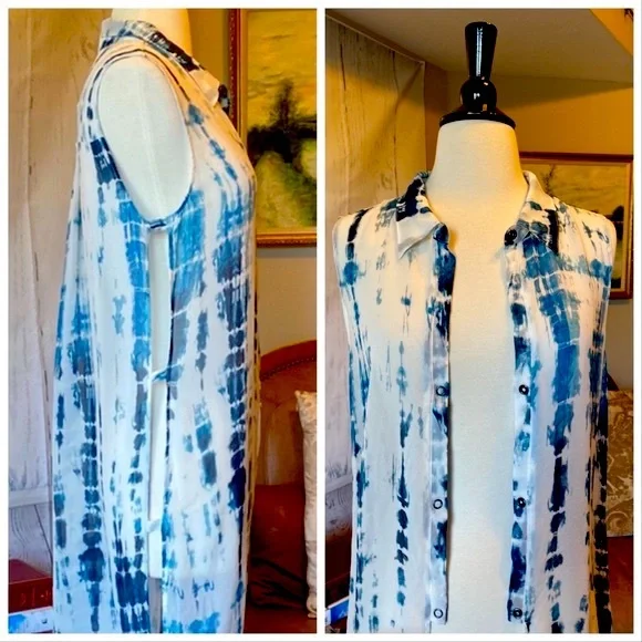 Go Silk Blue and White Tie Dye Duster or Swimsuit Cover Up - Picture 3 of 16